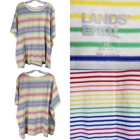 Lands End Shirt Women's Plus Size 3X White Rainbow Stripe Short Sleeve Tee - Picture 1 of 8